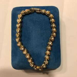 Gold Tone, Faux Pearl and Rhinestone Bracelet